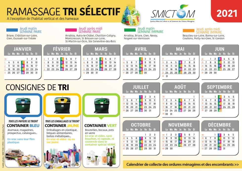 Smictom Saverne Calendrier 2023 Calendriers Des Collectes 2021 + Rappel - Smictom Du Giennois